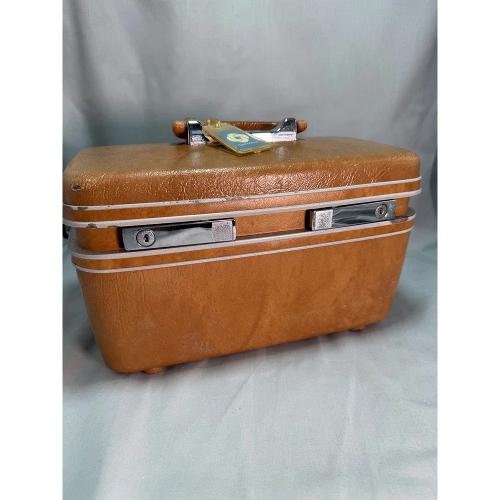 Vintage 1970s Samsonite Train Case Caramel Brown Hardshell Cosmetic Working Prop